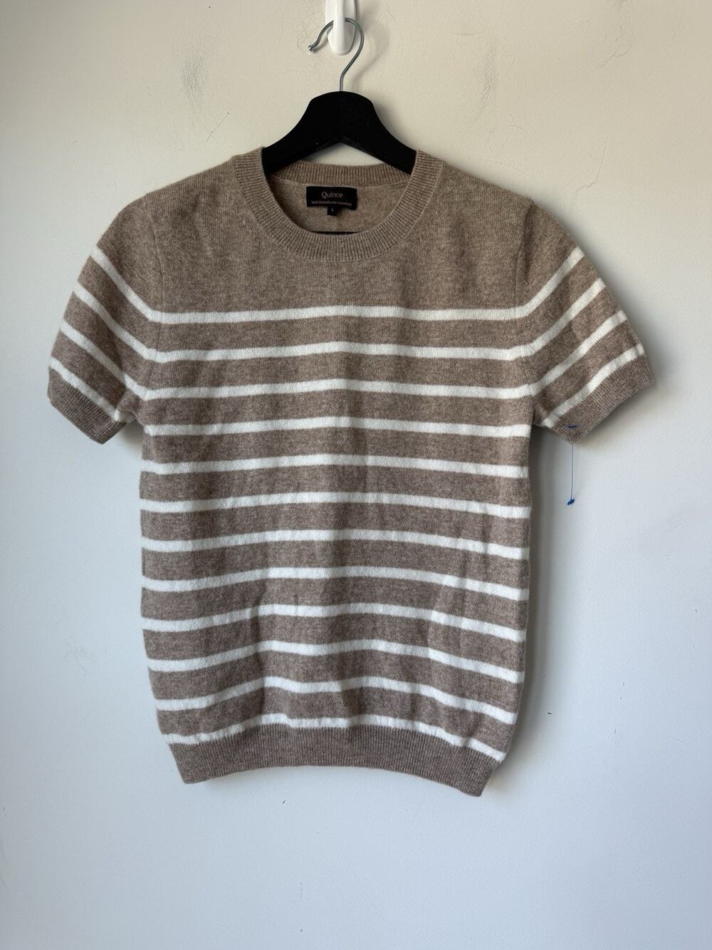 Quince Mongolian Cashmere Pullover Striped Short Sleeve Sweater Size M Beige